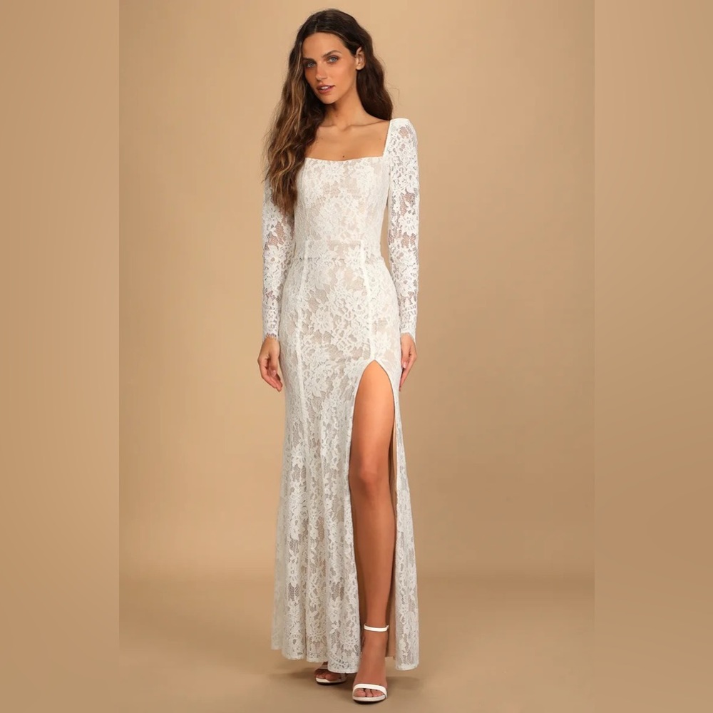 Together in Bliss White Lace Long Sleeve Mermaid Maxi Dress - worn 1x. Size M